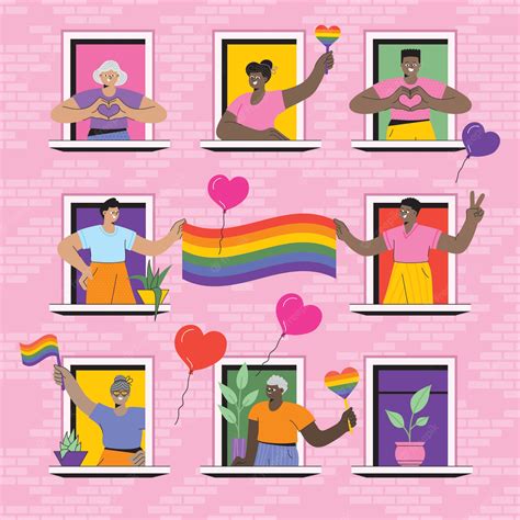 Premium Vector People Look Out Of The Window With A Flag Lgbtq Pride