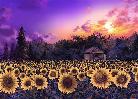Sunflower Field Purple Painting By Bekim Art