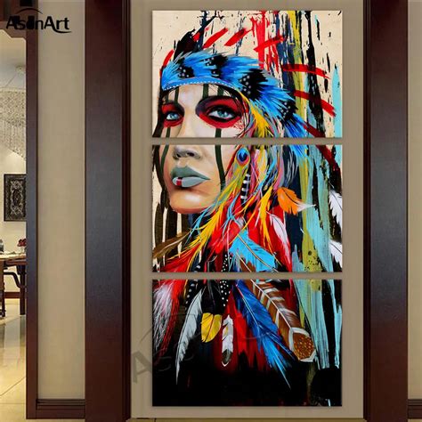 3 Pieces Wall Art Native American Indian Feathered Girl Oil Painting