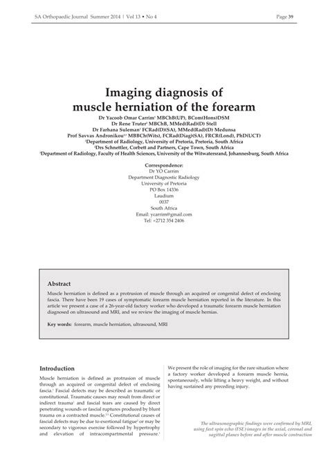 Pdf Imaging Diagnosis Of Muscle Herniation Of The Forearm