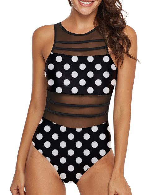 Off Polka Dot Cutout Mesh Panel Sheer One Piece Swimsuit In