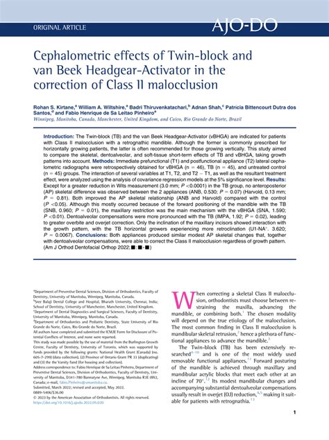 Pdf Cephalometric Effects Of Twin Block And Van Beek Headgear