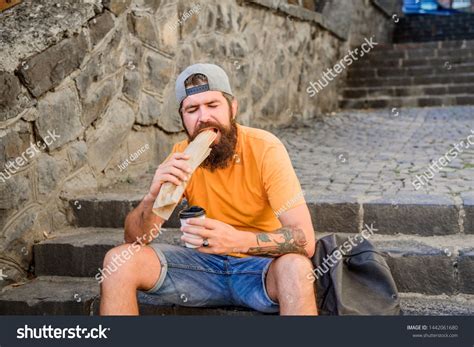 Urban Lifestyle Nutrition Carefree Hipster Eat Junk Food While Sit On Stairs Hungry Man Snack