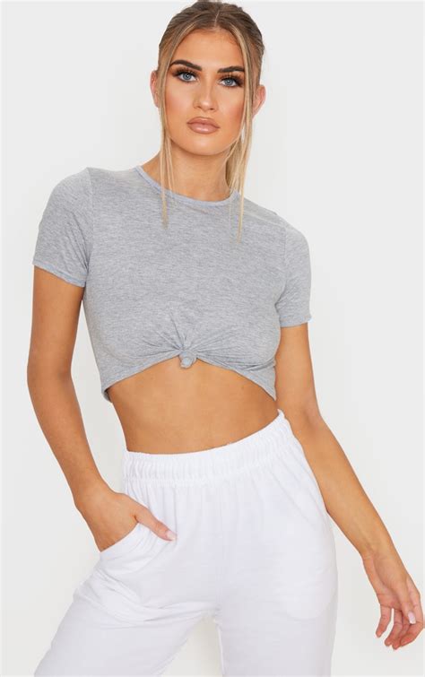 grey jersey knot front crop t shirt tops prettylittlething