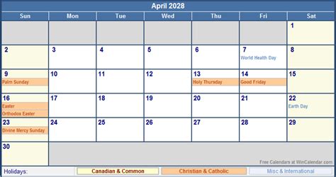 April 2028 Canada Calendar With Holidays For Printing Image Format