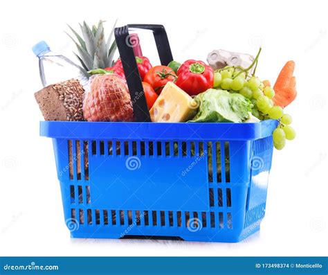 Plastic Shopping Basket With Assorted Grocery Products Stock Photo