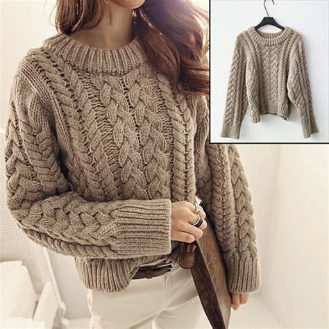 Round Neck Plaited Sweater Women Khaki Chunky Cable Knit Braided Jumper