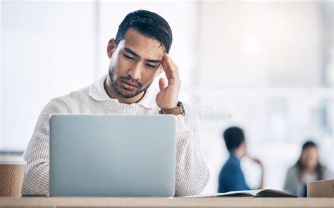 Headache Businessman And Laptop Stress And Burnout Tech Glitch Or