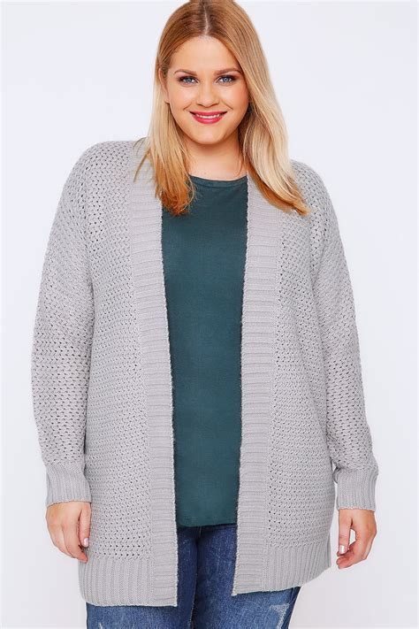 Grey Knitted Longline Cardigan With Ribbed Border Plus Size 16 To 32