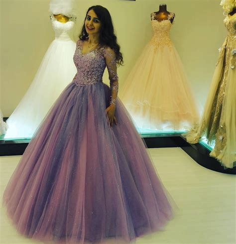 Glitter Ball Gown Prom Dresses With Long Sleeves 2017 V