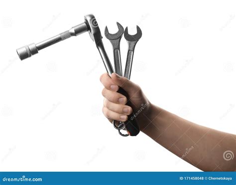 Auto Mechanic Holding Different Wrenches Isolated On White Closeup