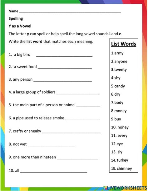 Y As A Vowel Online Activity For 2 4 Live Worksheets