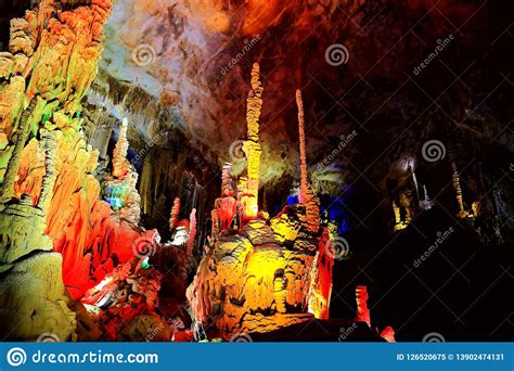 Colorful Scenery Of The Lighting Underground Karst Cave Stock Image