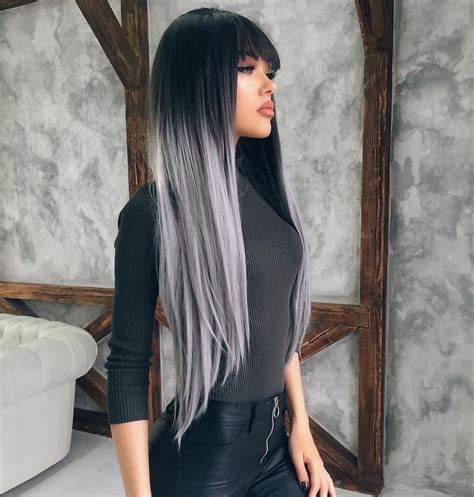 Long Black To Grey Ombre Straight Synthetic Lace Front Wig Long Hair