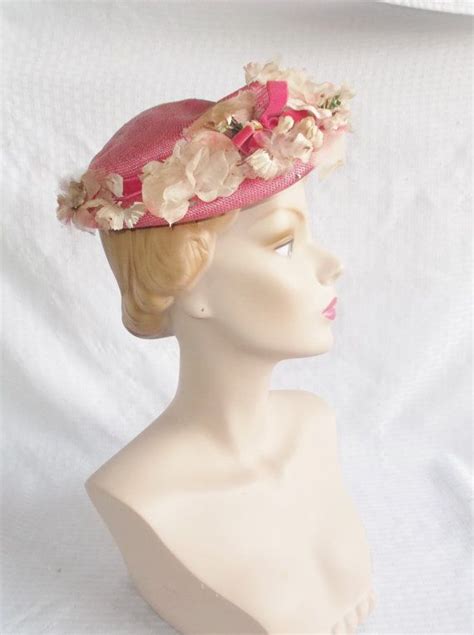 1950s Vintage Pink Straw Hat With Flowers Old Steamer Etsy Antique