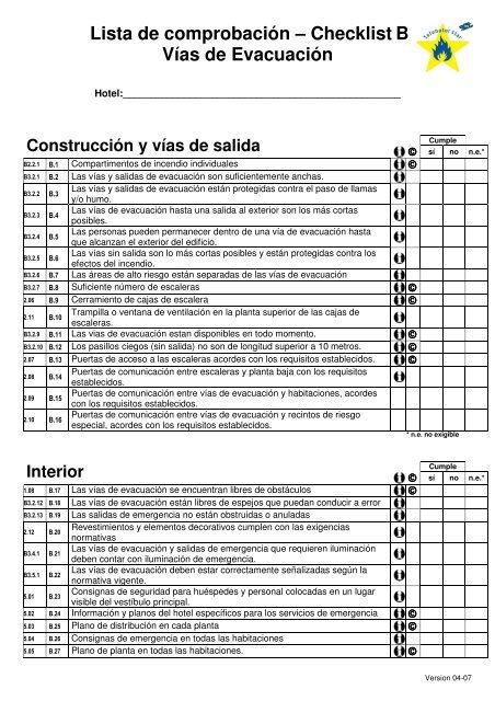 Lista De Comprobación Checklist B Vías De Evacuación