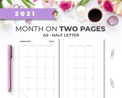 2021 Minimal A5 And Half Letter Printable Monthly Calendar Insert On Two Pages Monthly Calendar