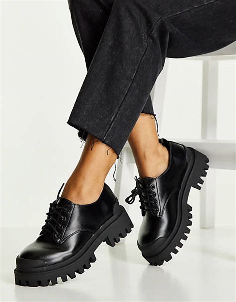 Asos Design Mayan Chunky Lace Up Flat Shoes In Black Asos