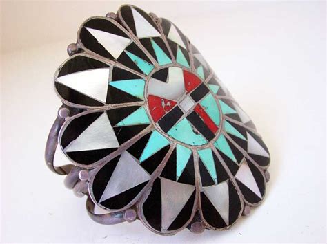 Zuni Inlaid Mother Of Pearl Turquoise Coral Jet Bracelet Kilgore