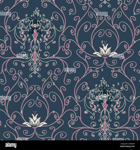 Seamless Vector Pattern With Phoenix And Lily On Dark Blue Background