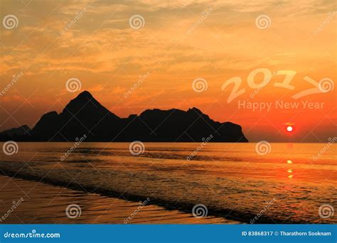 Happy New Year 2017 Natural Scene Beach And Sea At Sunrise Time Stock