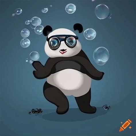 Cute Panda Playing With Bubbles On A Dark Blue Background