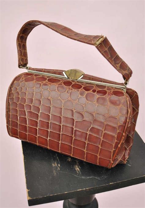 Vintage 30s Deco Crocodile Handbag Small Barrel Shape Brass Clasp