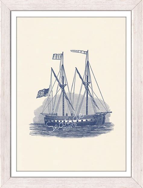 nautical poster old ship in blue sea life print by seasideprints