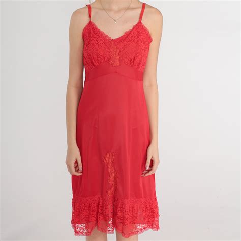 red slip dress 70s lingerie nightgown lace midi floral 1970s vintage floral applique nylon boho