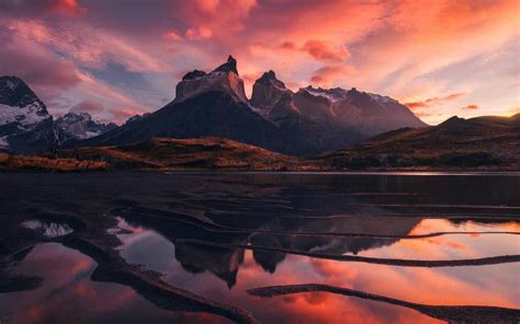 Patagonia Beautiful Landscape Mountains Lake Red Sky