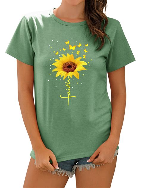 Twzh Women Faith Letter Tee Sunflower Butterflies Graphic Print T Shirt