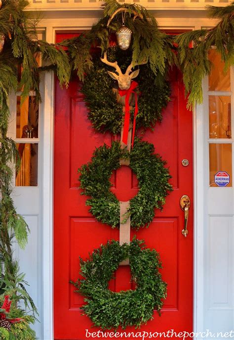 Christmas Front Porch With Three 3 Boxwood Wreaths Deer