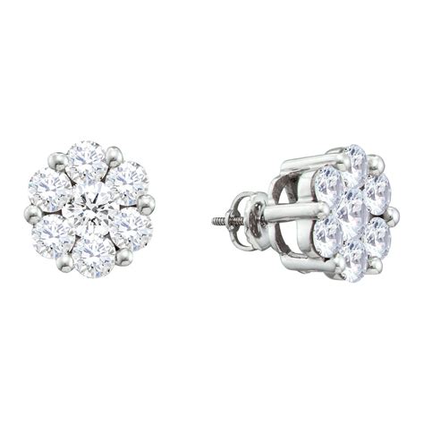 14k White Gold Round Diamond Flower Cluster Stud Earrings 12 Cttw