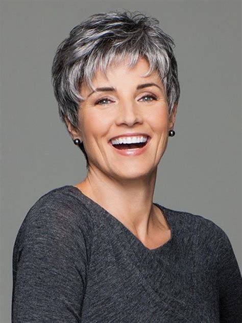 This silvery short hairstyle beautifully showcases the natural beauty present in ahead with a few gray hairs. Incentive by Gabor - Wigs.com
