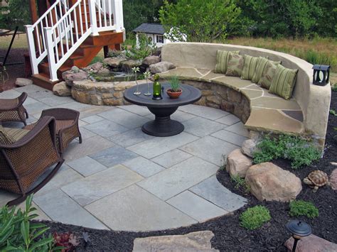 112 Flagstone Patio With Built In Seating And Water Feature Rock Garden