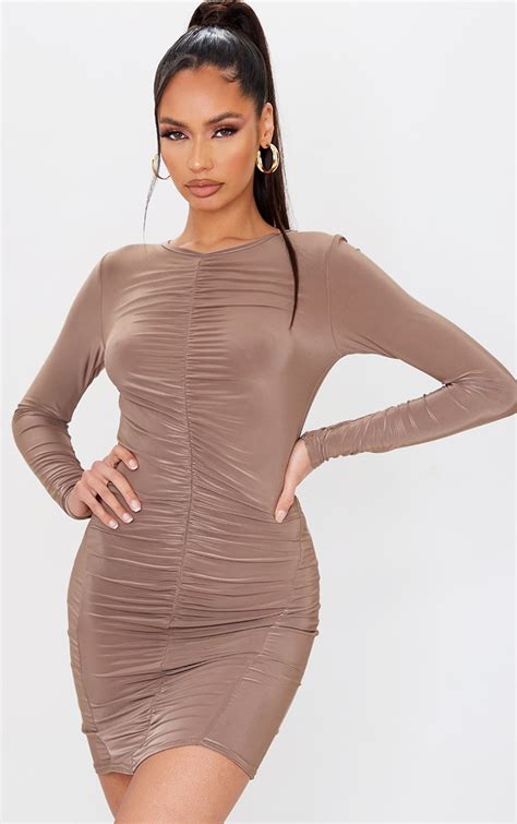 Taupe Slinky Ruched Front Long Sleeve Bodycon Dress Prettylittlething Usa