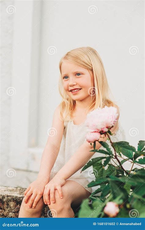 Outdoor Summer Portrait Of Happy Adorable 5 Year Old Little Girl Stock