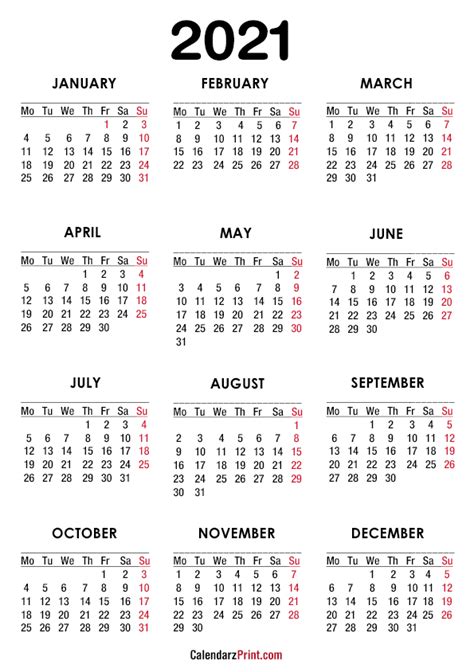 50 2021 Calendar Printable A4 Images
