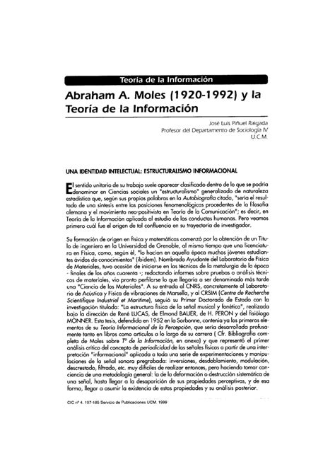 Pdf Abraham A Moles 19 20 1992 Y La Teoría De La Información