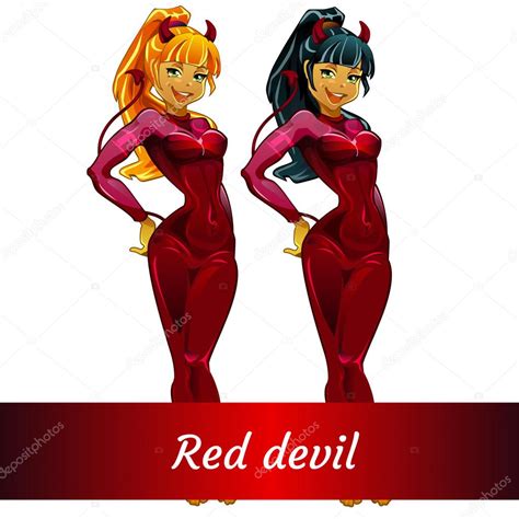 Two Girls Devils Blonde And Brunette In Red Latex Stock Vector Image By
