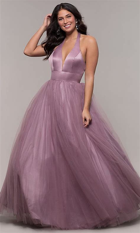 Dusty Mauve Long Halter Ball Gown For Prom Prom Girl Tulle Prom