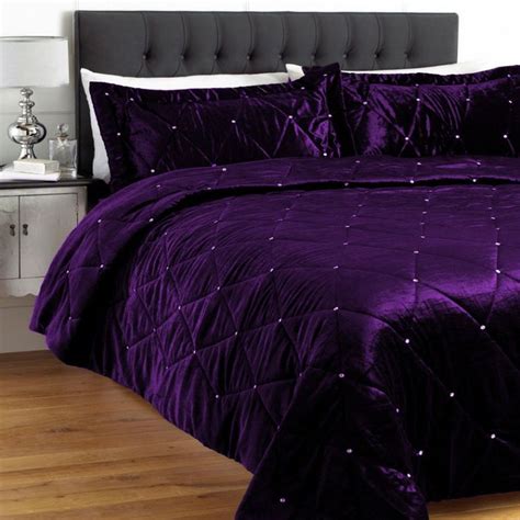 5 Pc King Cal King Purple Crystal Quilted Velvet Bedspread Set