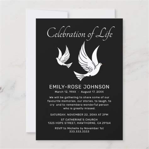 Celebration Of Life Funeral Memorial Doves Invitation