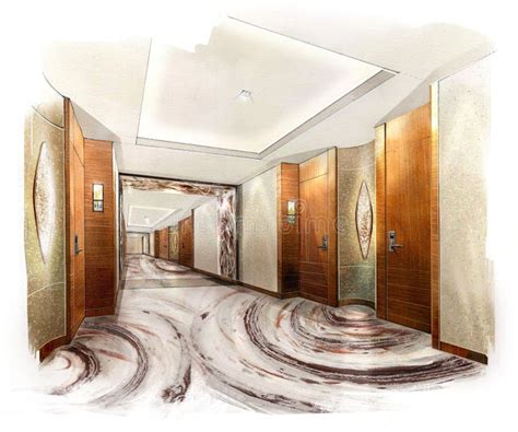 Sketch Perspective Interior Corridor Into A Watercolor On Paper Stock
