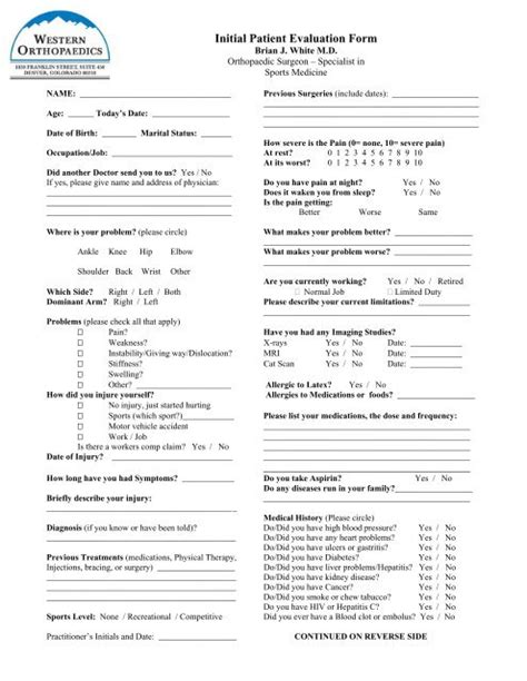 Initial Patient Evaluation Form Western Orthopaedics