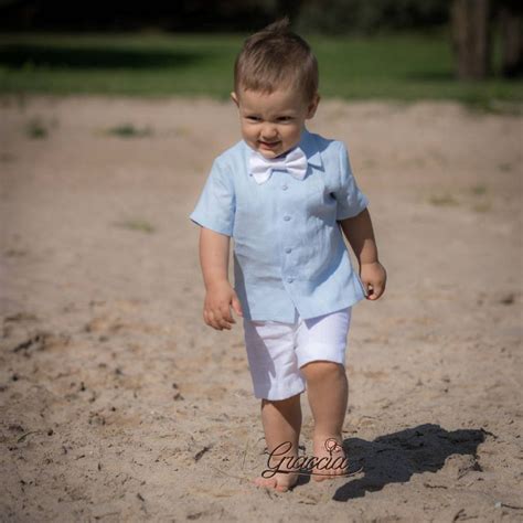 Baby Boy Linen Outfit Baptism Suit Toddler Boy Blue Shirt White