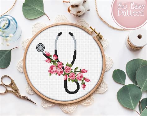 Stethoscope Cross Stitch Pattern Pdf Floral Stethoscope Counted Cross