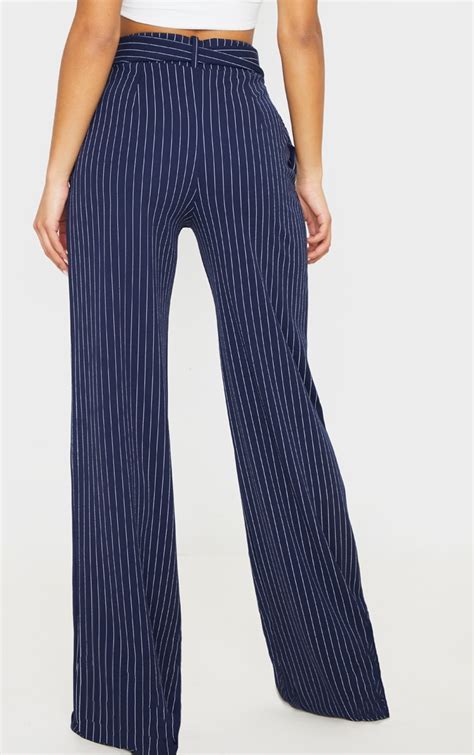 Navy Pinstripe Belted Wide Leg Trousers Prettylittlething Ca