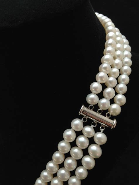 Triple Strand Pearl Necklace Genuine Pearl Necklace Aaa Etsy