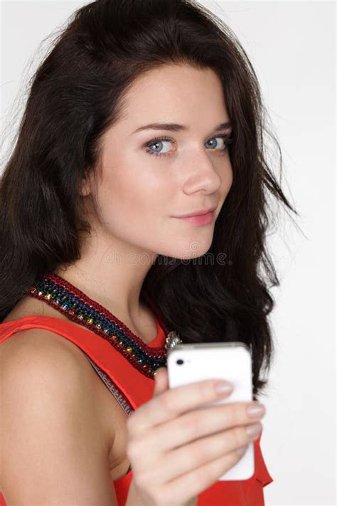 woman shows your phone stock image image of brunette 46501157